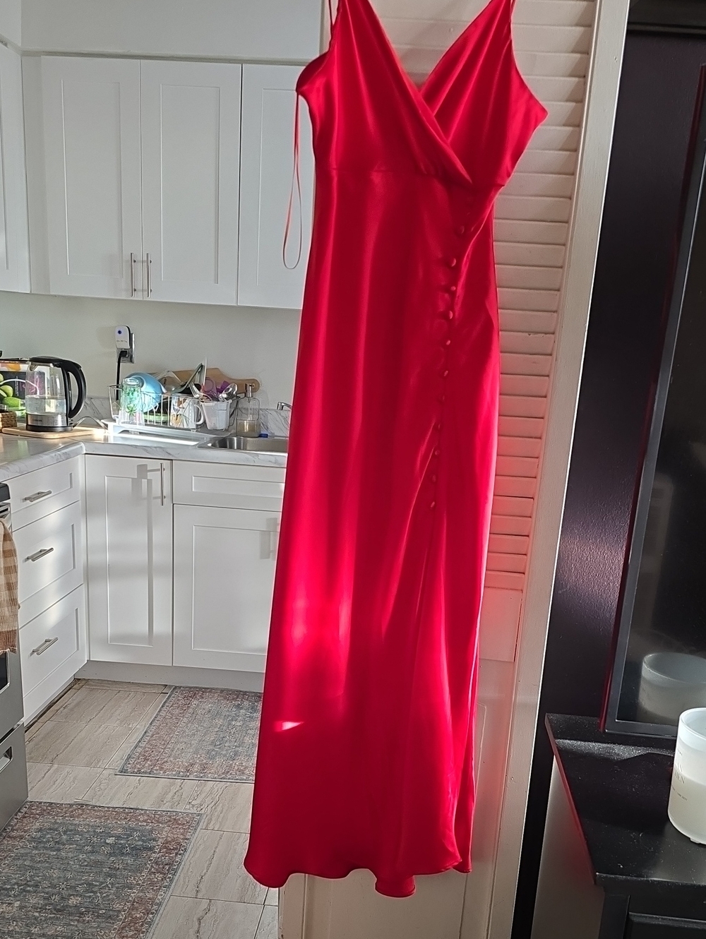 Zara Red Satin Slip Maxi Dress with Front Buttons